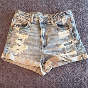 American Eagle High-Rise Distressed Denim Shorts - Light Blue